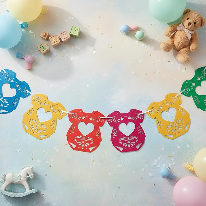 2 Pack Cielito Lindo Papel Picado Baby Shower Banner Decoration, Mexican 24 Pcs Bodysuit Card with Hanging String Fiesta Garland for Gender Baby Shower Party Supplies(Rainbow Color)