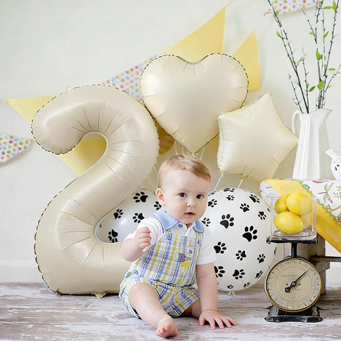 2nd Birthday Dog Paw Balloons Set,18'' Paw Prints, Heart,Star,Paw Shaped Foil Balloon 40''Cream Number 2 Helium balloons for Puppy Themed Baby Shower Second Birthday Party Decorations Supplies 6PCS