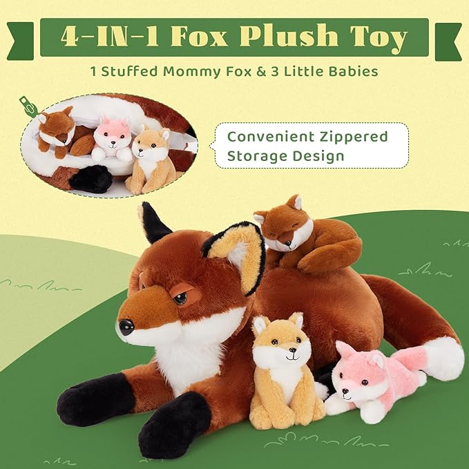 4Pcs Fox Stuffed Animal Set, Large Mommy Red Fox Plush 22 Inch with 3 Baby Foxes in Her Zippered Tummy, Christmas Plushie Toy Gift for Girls and Kids