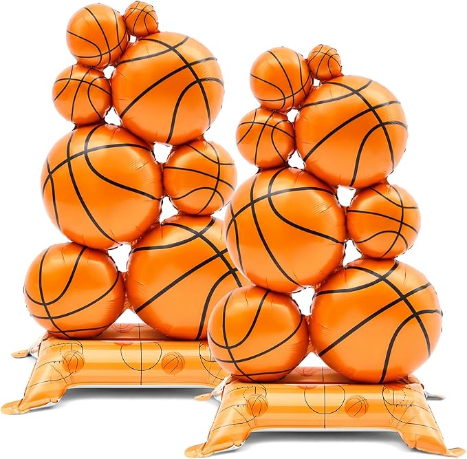 Soulchen 2 Pack Giant Self Standing Basketball Foil Balloons 3.5 ft with Field Base for Birthday Themed Party Decoration Sports Supplies Decor (Basketball Pile)