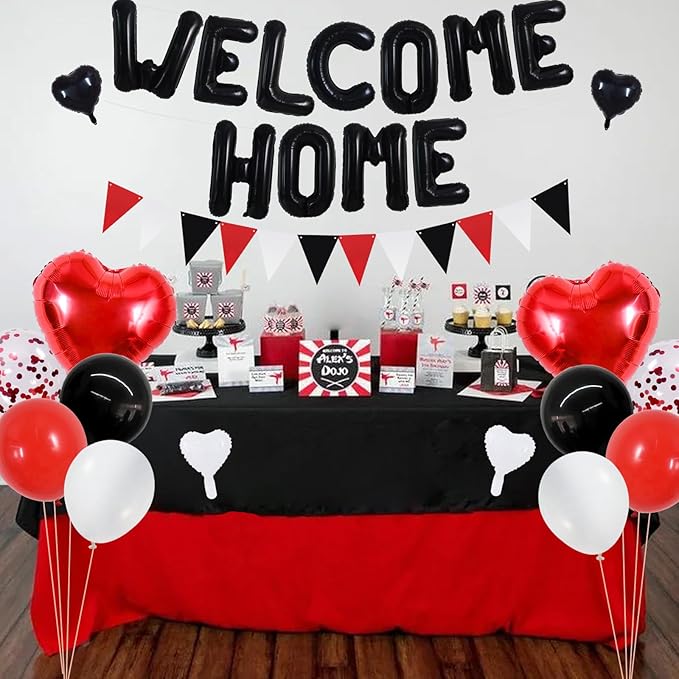 TONIFUL Welcome Home Decorations,16Inch Black Welcome Home Foil Balloon Banner Red Black Confetti Balloons Pennant Flag Bunting for Homecoming Party House Warming Party Family Gathering Supplies