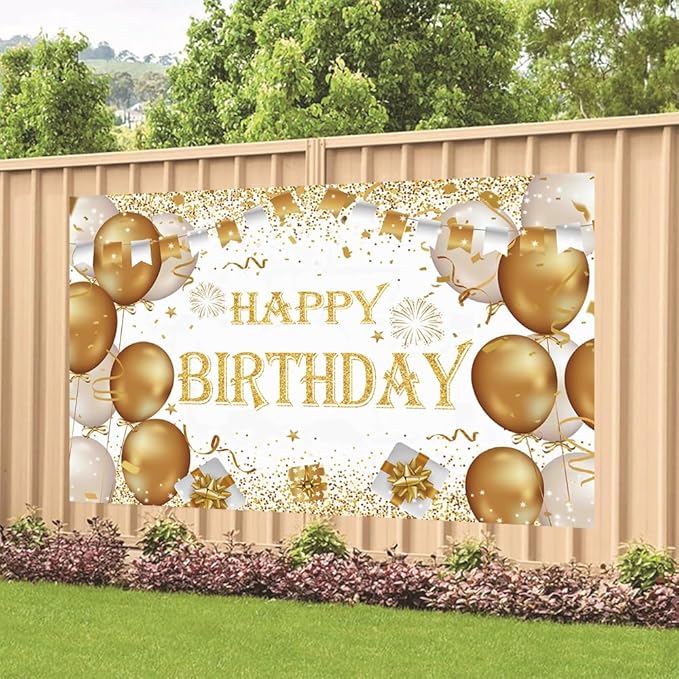 Gold Birthday Party Decoration - Happy Birthday Backdrop & Photo Background Banner Poster - 70.8 x 47.2 Inch