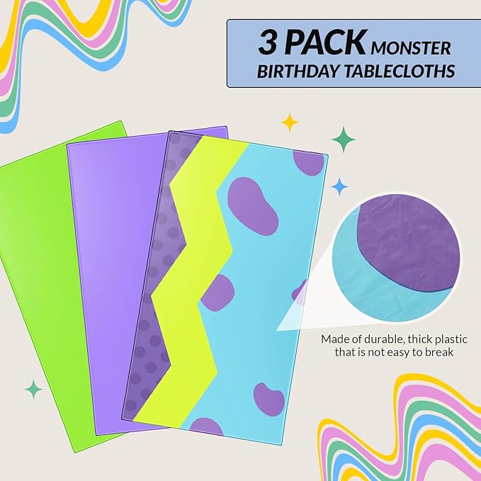 Oudain 3 Sheets Monster Dot Birthday Party Supplies Monster Tablecloth 54 x 108 Inch Plastic Table Covers for Birthday Party Decorations