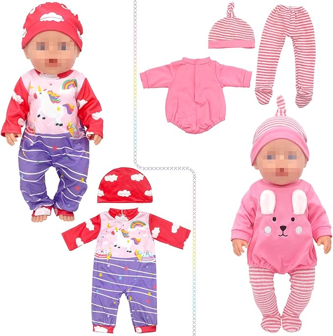 SOTOGO 5 Sets Doll Clothes Outfits Jumpsuits with Hats for 14 to 17 Inch New Born Dolls, American 18 Inch Dolls Clothes and Accessories