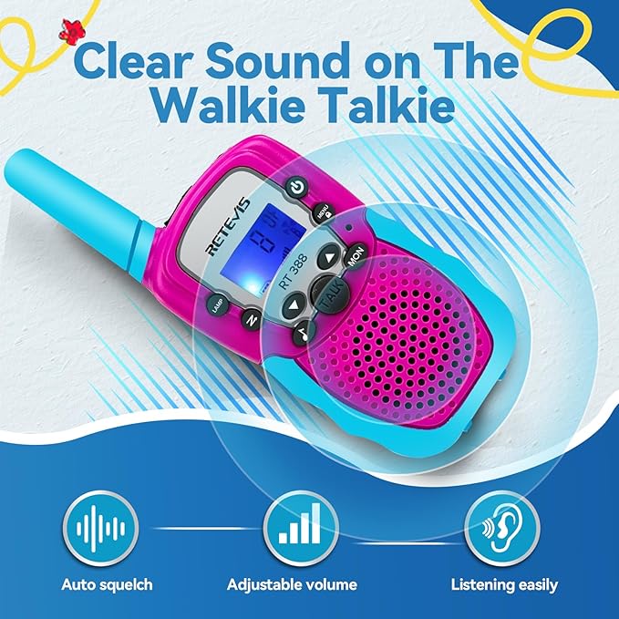 Retevis RT388 Kids Walkie Talkies 2 Pack, 2 Way Radio 22 CH Toy Walkie Talkie, Clear Sound Flashlight VOX, Toys Gifts for 6-12 Year Old Boys Girls Camping Outdoor Games(Blue Pink 1 Pair)