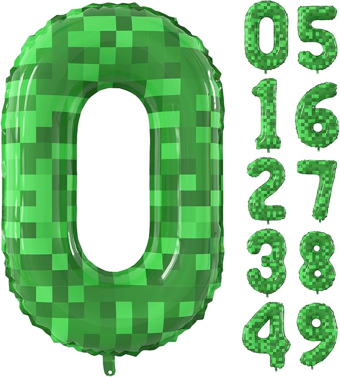 40 Inch Green Pixel Miner Theme Number Balloons Large Birthday Party Number Balloons Mining Gaming for Kids Birthday Party Decoration Supplies (Number 0)