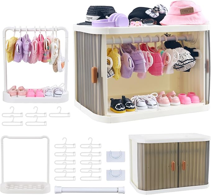 Foldable Doll Wardrobe Closet Storage Box Compatible with Labubu Clothes with 15 Hangers & Rod - Stackable Organizer Cabinet for 15/17cm Doll Clothes with Dust-Resistant Cover and Display Shelf