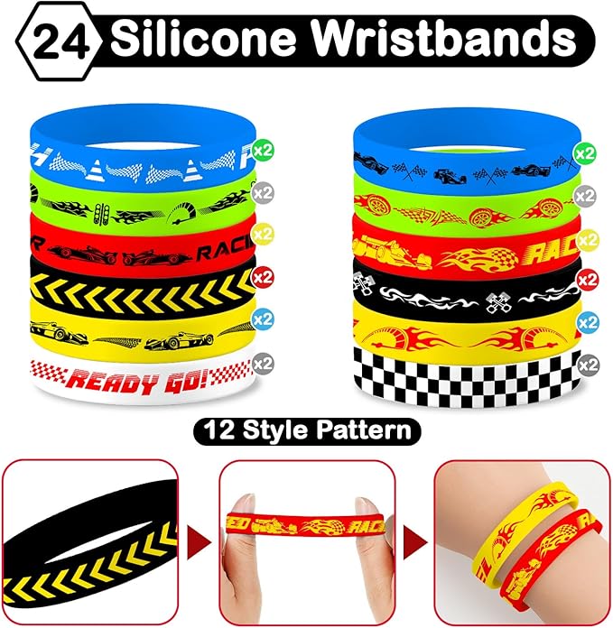 48PCS Race Car Party Bracelets Set | 24 Slap Bracelets + 24 Rubber Bracelets | SuperCar Silicone Wristbands Birthday Party Supplies, Classroom Rewards, Carnival Prizes