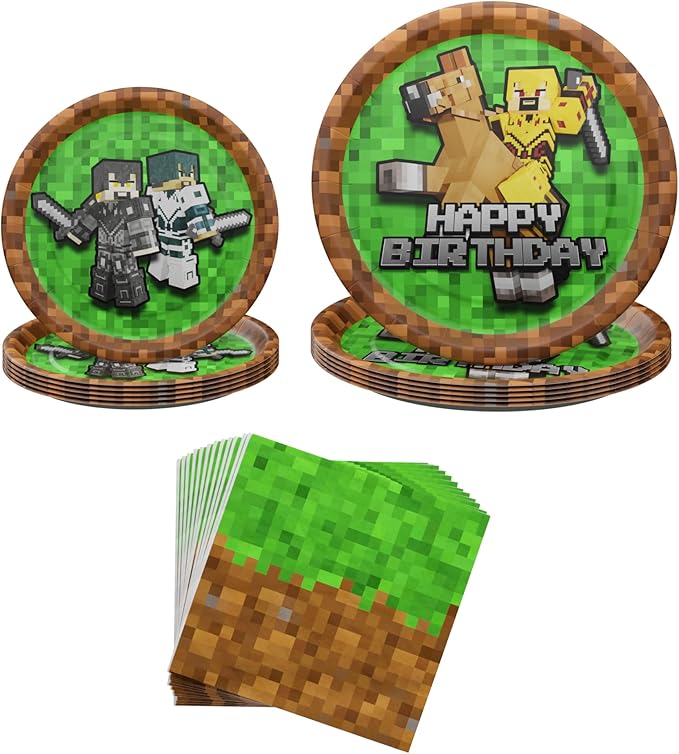 Blue Orchards Pixel Warrior Plates and Napkins (60 pieces for 20 Guests) - Video Game Party Supplies, Mining Craft Party, Pixel Miner Decorations