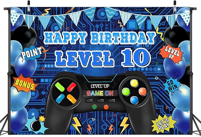 Game Theme Level 10 Birthday Backdrop Video Game Happy 10th Birthday Party Decorations Level Up Theme Boys Kids Birthday Party Supplies(7×5FT)