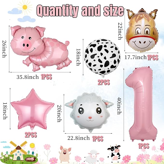 19 PCS Farm Animal Theme Party Balloons Number 1 ONE Letter Banner Balloon Farm Cow Print Sheep Pig Donkey Mylar Foil Balloons Baby Shower Boy Girl 1st Birthday Party Decor Supplies (1st)