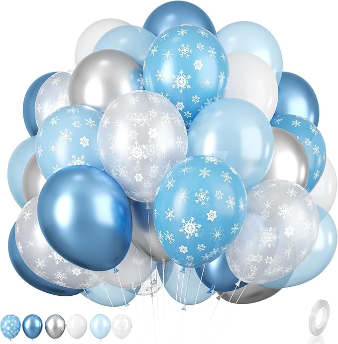 Snowflake Balloon, 12 Inch Ice Snow Blue White Balloons Pearl blue Metallic Blue Silver for Winter Wonderland Theme Snow Party Baby Shower Party Birthday Party Decorations