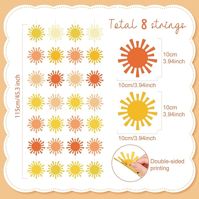 Duraaamo 8 Packs Sun Banner Boho Decoration Boho Paper Garland Baby Shower First Trip Hanging Sun Cutout for Retro Theme Birthday Baby Shower Party Supplies Decoration