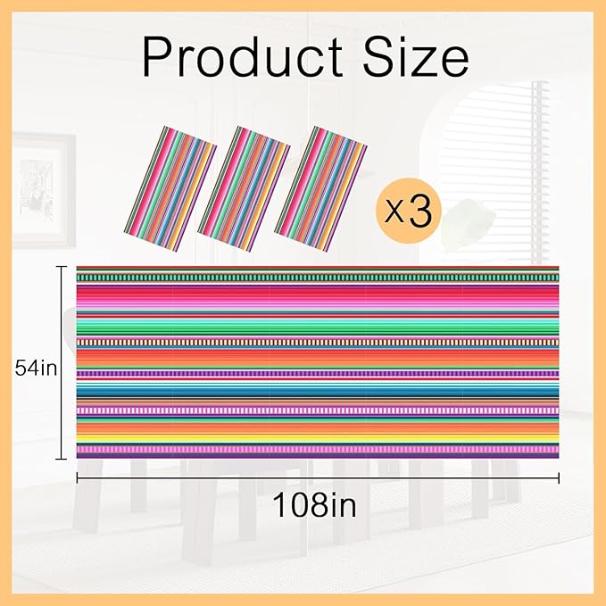 3 Pack Disposable Plastic Mexican Serape Tablecloths, 54 x 108 Inch Mexican Striped Party Table Cover for Mexican Wedding Birthday Party Decorations Outdoor Indoor Party Supplies