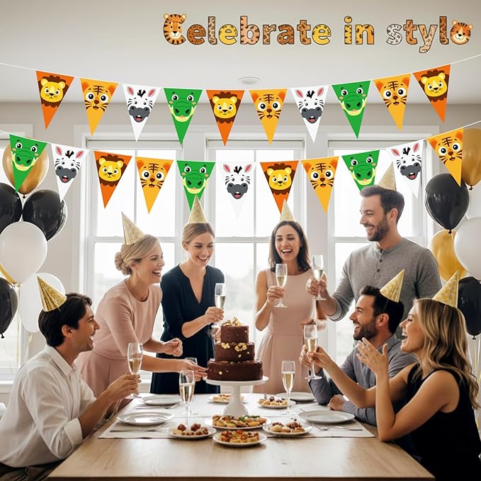 HESTYA 5 Pcs 49 Ft Safari Party Decorations Pennant Banner, Pre-Assembled Animal Print Jungle Theme Birthday Supplies, Large Triangle Flag Bunting Garland for Baby Shower Indoor Outdoor Hanging