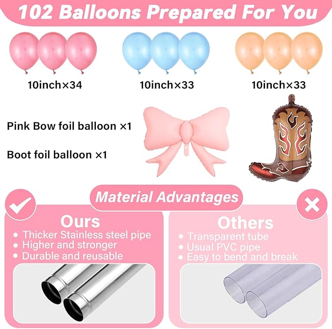 2 Sets Boots or Bows Gender Reveal Decoration Balloon Column Stand Kit with 102 Blue Pink Balloons 5.57ft Balloon Tower Stand with Base Arch for Western Cowgirl Cowboy Baby Shower Party Decor Supplies