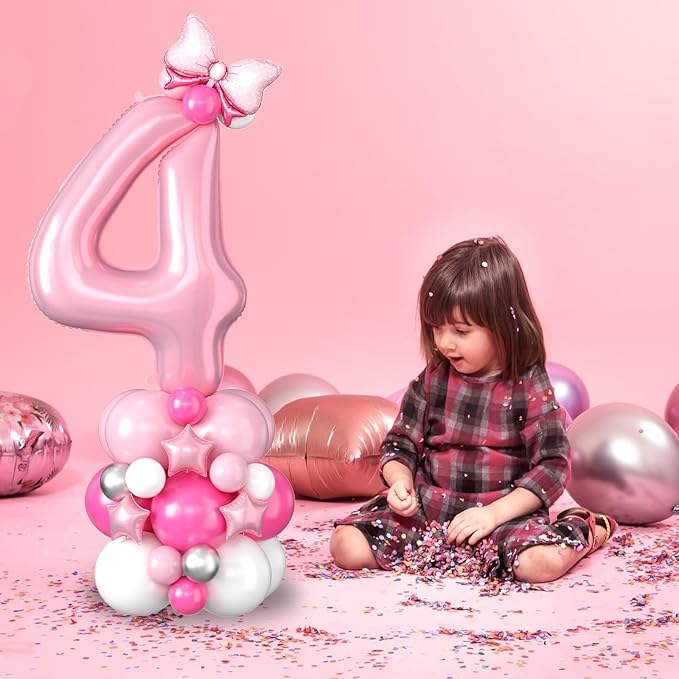 40 Inch Pink Number 4 Balloon for 4th Birthday Decoration Pastel Baby Pink Number Four Foil Balloon Tower Giant Large Digit Hot Pink White Helium Balloons Stack Stand for Girls Anniversary Party