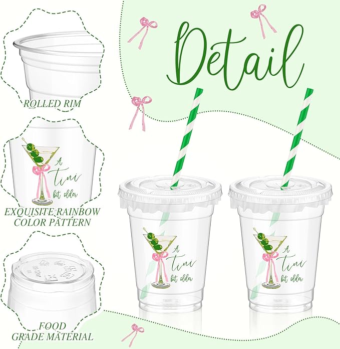 Domensi 50 Pcs Martini Birthday Party Plastic Cup 12 oz a Tini Bit Older Green Martini Pink Bow Thick Clear Cup for Girls Women Bar Birthday Bachelorette Bridal Shower Party Supplies