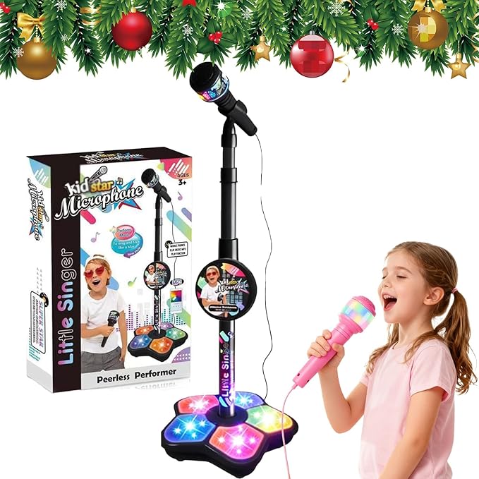 Kids Microphone with Stand,Microphone for Kids,Musical Toys All-in-One Microphones Toy for Girls with Stand, Got Built-in Music, Colorful Lights, Echo Effects (Black)