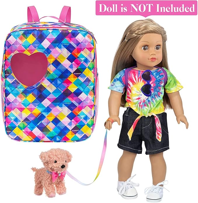Ecore Fun 5 Items 18 inch Dolls Bag Set and Accessories Including 18 Inch Doll Clothes, Shoes, Sunglasses, Doll Backpack and Toy Dog