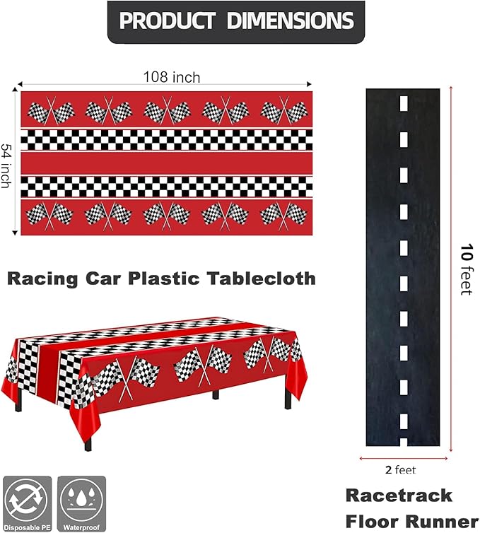 Racing Cars Birthday Decorations,Racecar Centerpiece Decoration - Orange Racing Cones(12), Checkered Flags (24), Plastic Tablecloth (54"x108"),Floor Runner,Banner Race Car Party(40pcs)