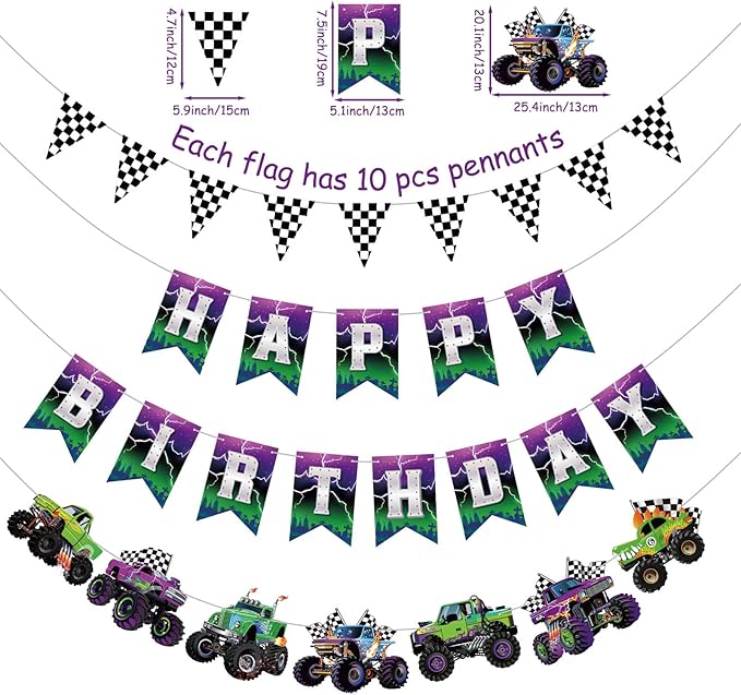 Pasimy 4 Pcs Monster Truck Birthday Banner Cars Truck Garland Black and White Checkered Flags Pennants Green Purple Happy Birthday Bunting Racing Car Theme Party Decorations Supplies