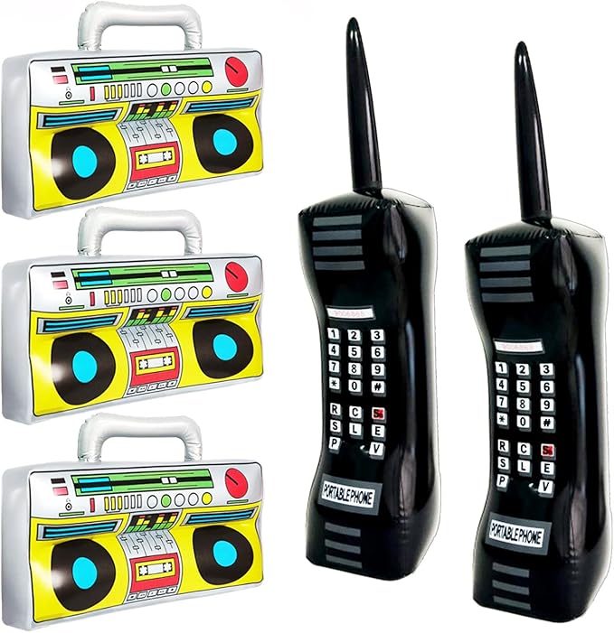 5 Pieces Inflatable Radio Boombox Inflatable Mobile Phone,Retro Mobile Phone for 80's 90's Party Decorations,Hip Hop Costume,Birthday Theme Party Photo