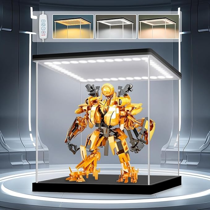 LASOA Acrylic Display Case with Warm Color Changing LED Light, Clear Display Box for Action Figures and Collectibles, Self-Assembly Dustproof Showcase with Black Base, 9.8x9.8x9.8inch
