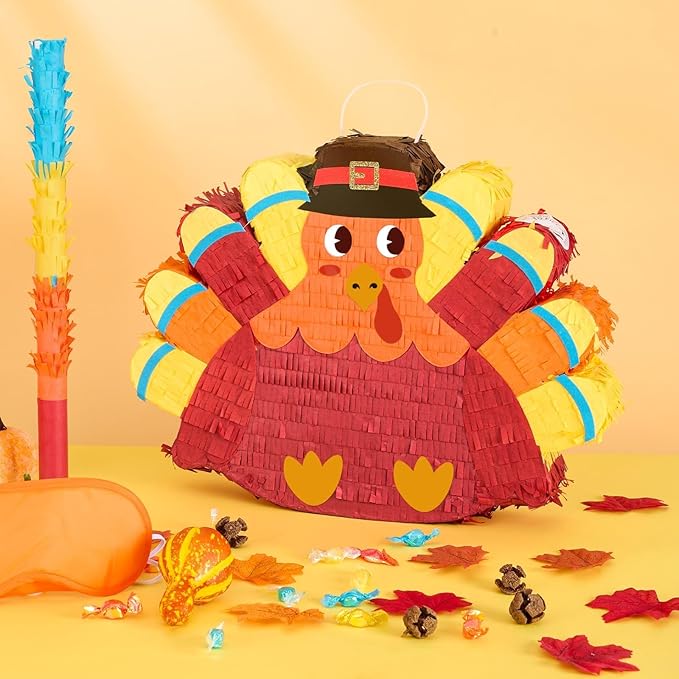 WERNNSAI Thanksgiving Turkey Piñata - Fall Decorations Red Turkey Piñata Thanksgiving Games for Kids Fall Festival Autumn Decor Carnival Party Supply with Blindfold