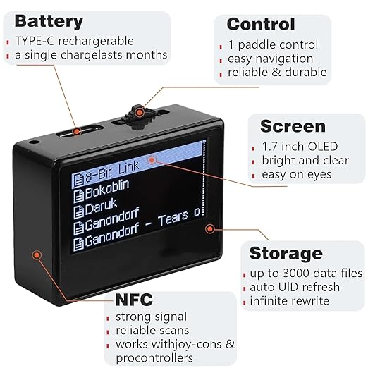 NFC Emulator for Popular Game Consoles — 3100+ Data Saves, Unlimited Scan & Rewrite, 1.3" OLED Screen, Rechargeable, Easy Button Controls, Compatible with 50+ Games (Black）