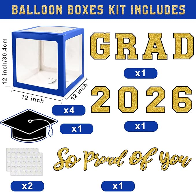 Graduation Decorations Class of 2026 - Blue and Gold Balloons Boxes with Letters 2026 GRAD So Proud of You - Complete Party Supplies for High School & College Celebrations