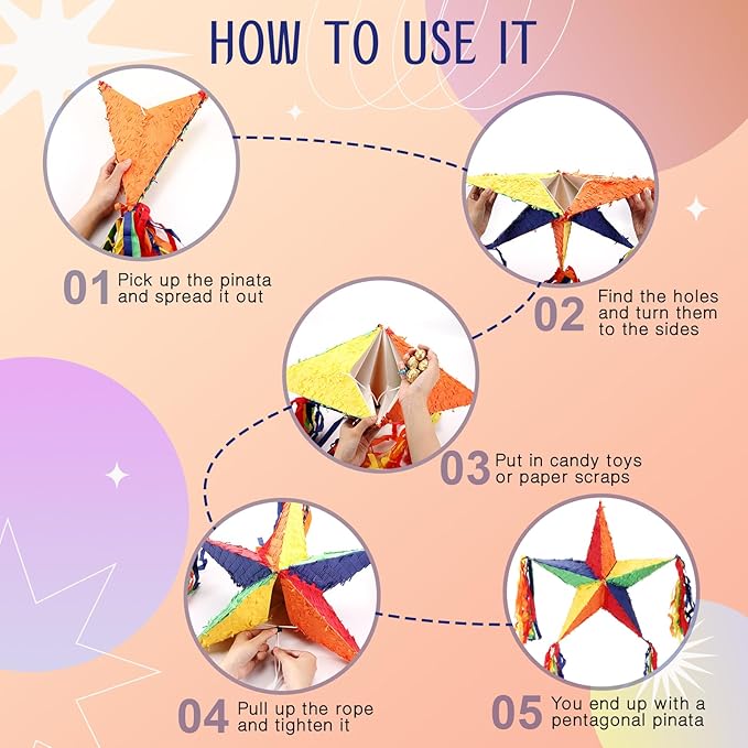 Hanaive Foil Star Piñata with Blindfold and Bat for Birthday Foldable Star Shape Piñata with Stick Festive Fiesta Party Supplies Favors for Mexican Party(Multicolor)