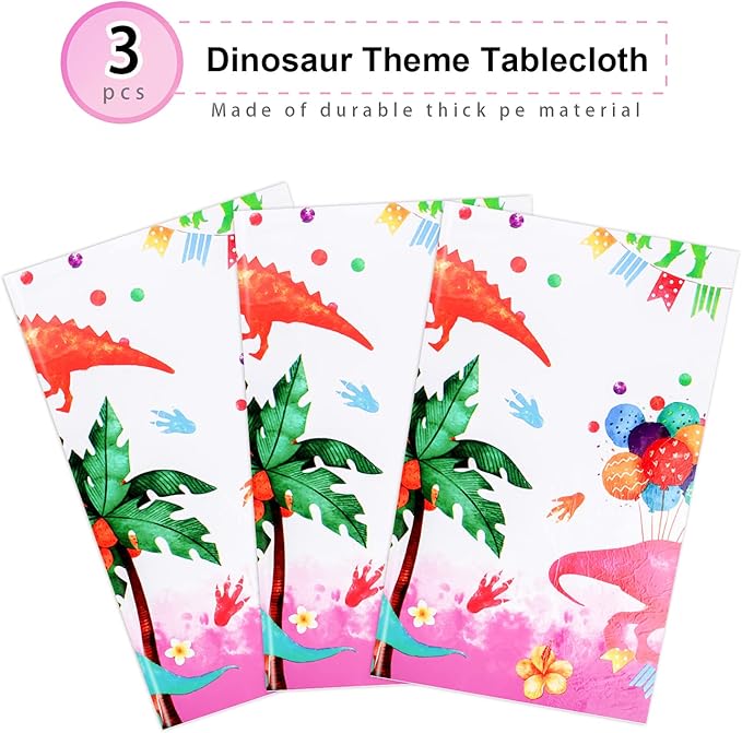 PHOGARY Pink Dinosaur Tablecloth - 3 Pack Plastic Table Cover, Girl's Party Supplies - Dino Theme Rex Decoration - 51" x 87"