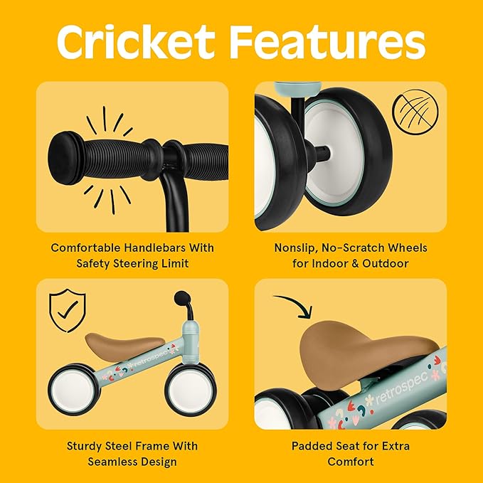 Retrospec Cricket Baby Balance Bike, 4-Wheel Ride-On Toy for Ages 12-24 Months – First Bike & Toddler Bike for 1 Year Old Boys & Girls, First Birthday Gift