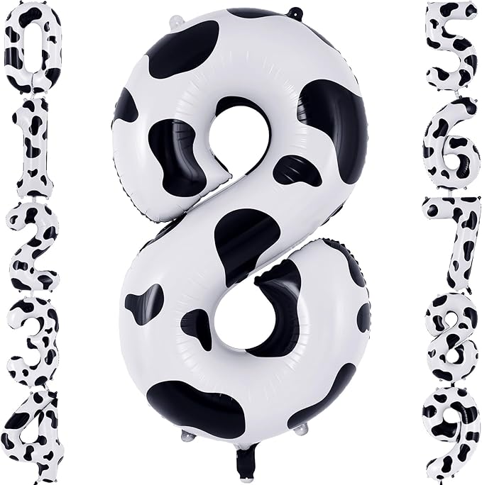 Cow Print Number 8 Balloon, Large 40 Inch Cow Number Birthday Balloons, Foil Mylar Number 8 Balloons for 8 Year Old Birthday Party Decorations Supplies Animal Farm Cowboy Cowgirl Themed Party