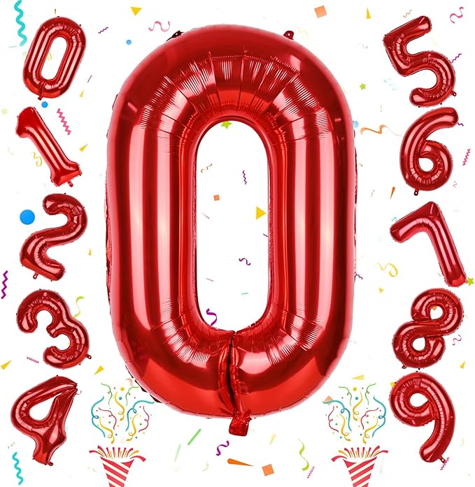 Red Large Number Balloons, 40 Inch Foil 0-9 Set Number Balloon for Girls Boys Age Birthday Party, Self Inflating Number Balloons Baby Shower Anniversary Christmas Party Decoration Women Men Supplies