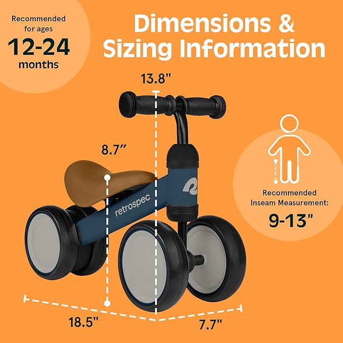 Retrospec Cricket Baby Balance Bike, 4-Wheel Ride-On Toy for Ages 12-24 Months – First Bike & Toddler Bike for 1 Year Old Boys & Girls, First Birthday Gift
