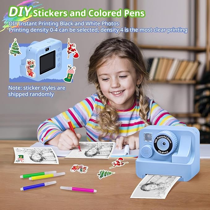 Kids Camera Instant Print, Christmas Birthday Gifts for Kids Age 3-12, Selfie Digital Camera with 1080P Videos,Toddler Portable Travel Camera Toy for 4 5 6 7 8 9 Year Old Boys (Blue)