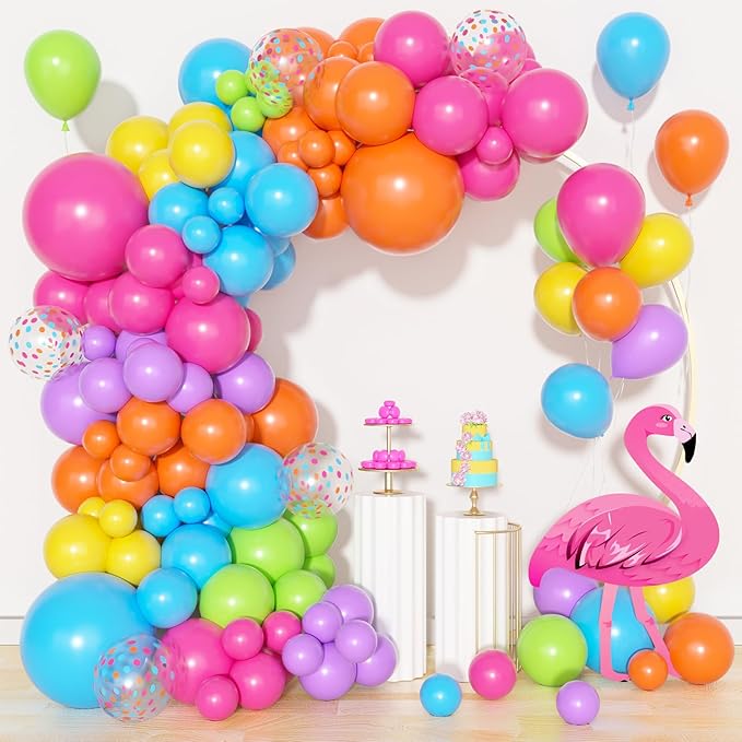 Amandir 153pcs Summer Tropical Balloon Arch Garland Kit Different Sizes 18 12 10 5inch Hot Pink Green Blue Yellow Purple Orange Rainbow Balloons for Hawaiian Luau Aloha Birthday Pool Party Decorations