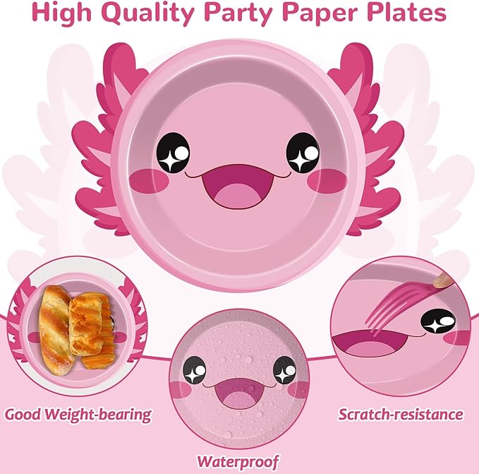 60Pcs Pink Axolotl Shaped Birthday Party Decorations Reptile Animals 7 Inch Dessert Plates Plates Cartoon Dinner Disposable Tableware Set for Kids Girls Party Baby Shower Supplies Favors