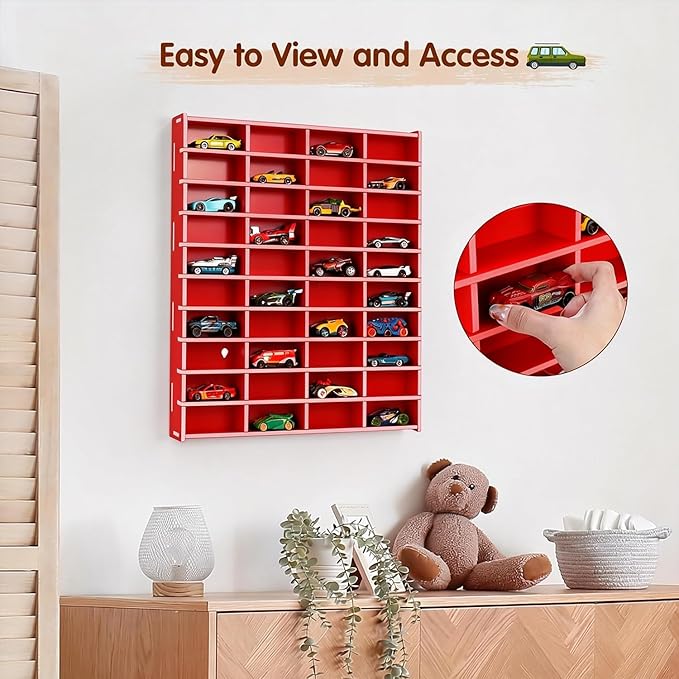 Toy Car Display Shelf, Holds 40 Diecast 1/64 Toys Car, Wall Mount Model Cars Storage Organize Case (red 1/64 Toy Car Display Shelf)