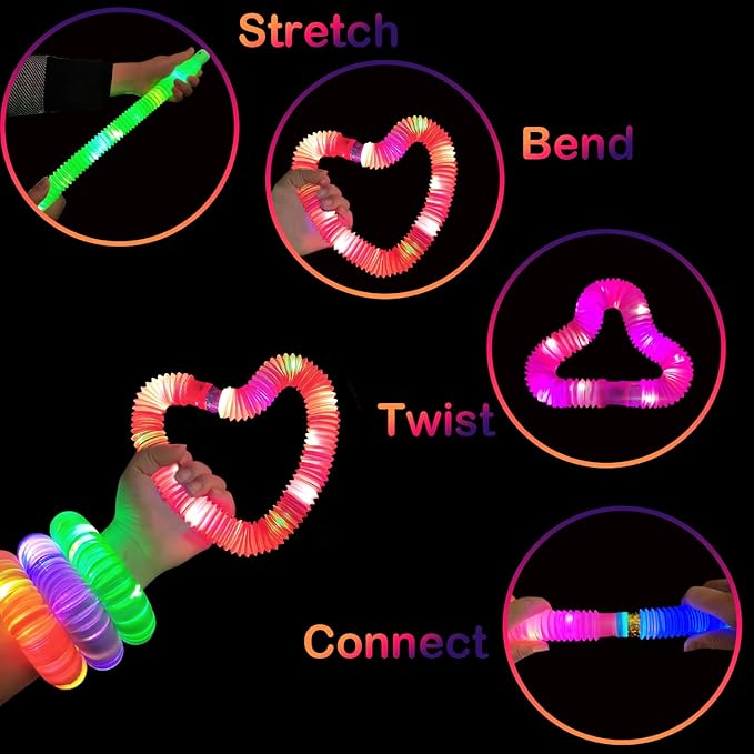 Easter Basket Stuffers for Toddlers-6 PCS Light Up Pop Tube Toys Gifts for Kids,LED Glow Stick Bracelet Necklace Party Accessories,Fun Outdoor Camping Essentials Games Activities for Boys Girls