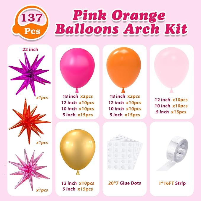 137Pcs Pink and Orange Balloons Garland Arch Kit with Stars - 5 10 12 18 inch Hot Pink Light Pink Orange Gold Latex Balloons for Birthday Baby Shower Graduation Tropical Party Decorations