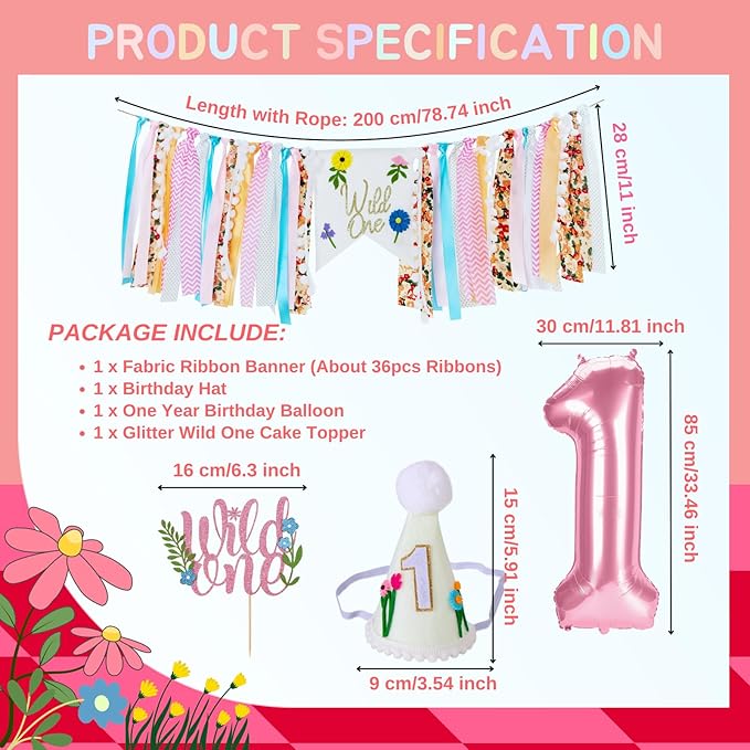 Wild Flower High Chair Banner for First Birthday Party Decoration Pink Floral Wild One High Chair Tassel Garland Banner for Girls Baby Shower Wildflower 1st Birthday Backdrop Decors Party Supplies