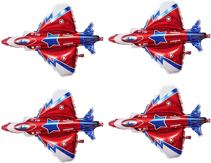 4PCS Fighter Jet Airplane Balloons - Airplane Shaped Foil Mylar Balloons for Baby Shower Kids' Boys Birthday Party Supplies Decorations