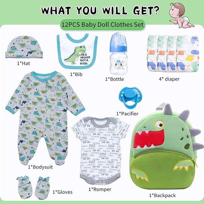 12 Pcs Reborn Baby Doll Accessories Boy 17-22 Inch Reborn Baby Boy Doll Clothes with Backpack Diapers, Cute Dinosaur Design, Babies Pretend Play Set