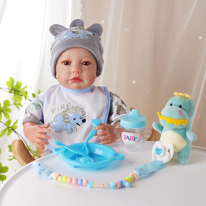 BABESIDE 18 Pcs Reborn Baby Doll Accessories for 17-22 Inch Dolls – Dinosaur Baby Doll Clothes Set with Diaper, Backpack, Feeding Set,Toy, Bottle, and Toys, for Boys & Girls