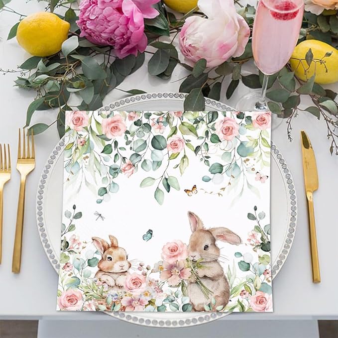 80Pcs Spring Easter Bunny Paper Napkins Cute Rabbits Disposable Napkin Bunny Printed Decorative Napkins Party Supplies Table Decor