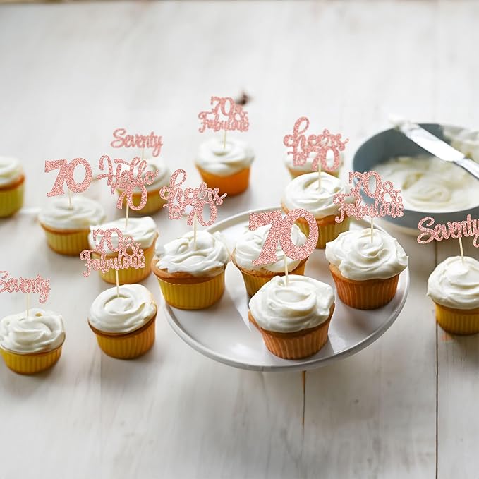 30Pcs Happy 70th Birthday Cupcake Toppers Seventy Cheers to 70 Years Old Birthday Cupcake Picks for 70th Anniversary Party Cake Decorations Supplies Rose Gold Glitter