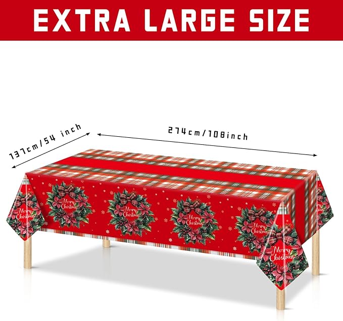 Plastic Christmas Tablecloth 54x108 Inch 3-Piece Set,Disposable Festive Red Poinsettia Pattern Holiday Dining Table Cloth for Christmas Party & Baby Shower Decorations